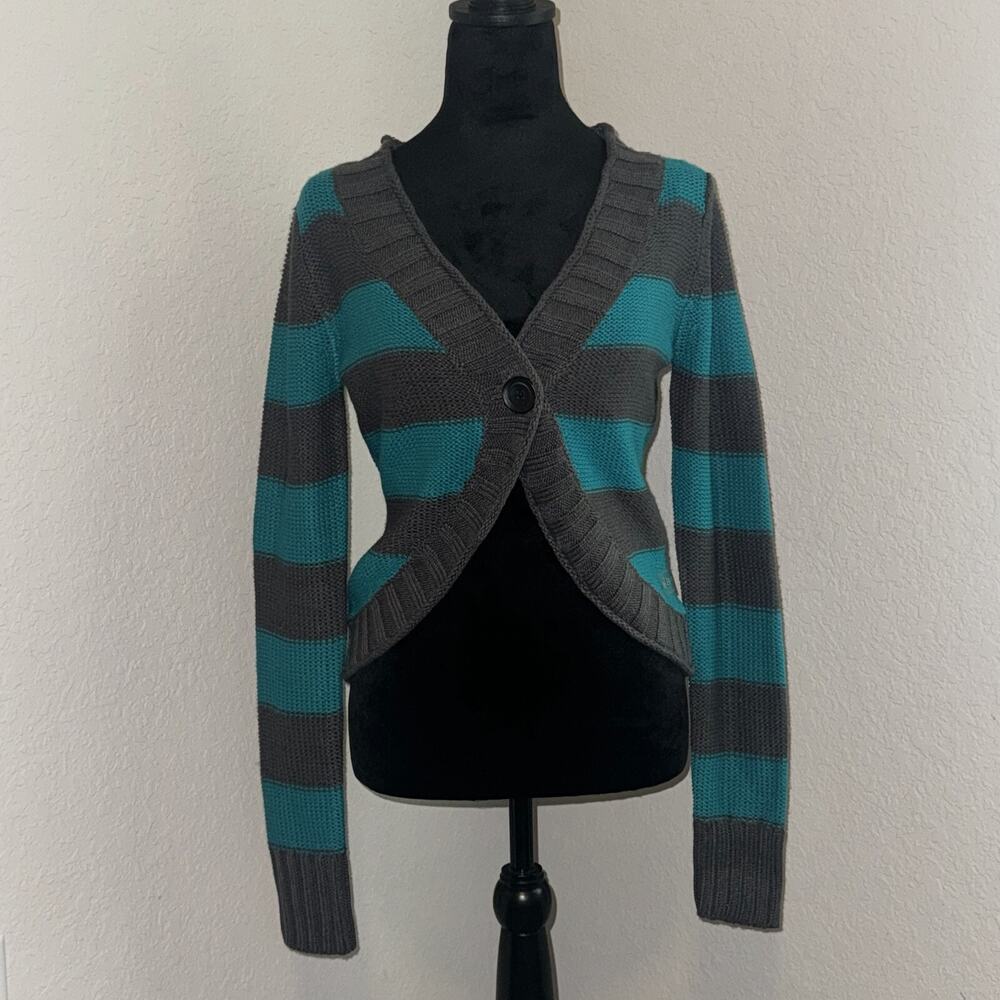 Arizona‎ Cardigan Sweater Women's Medium Teal Gray Striped Long Sleeve Y2K NWT